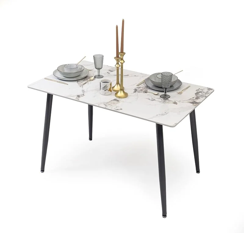 Visita la tienda de Homely Homely®, Mesa de Comedor Cairo PK 120x70 cm. Tapa Porcelánico, Acabado Efecto Mármol Calacatta Gold, Patas Metálicas Negras, Mesa cerámica Cocina, Comedor, Escritorio (Blanco-Gold) — Adviento y mesa