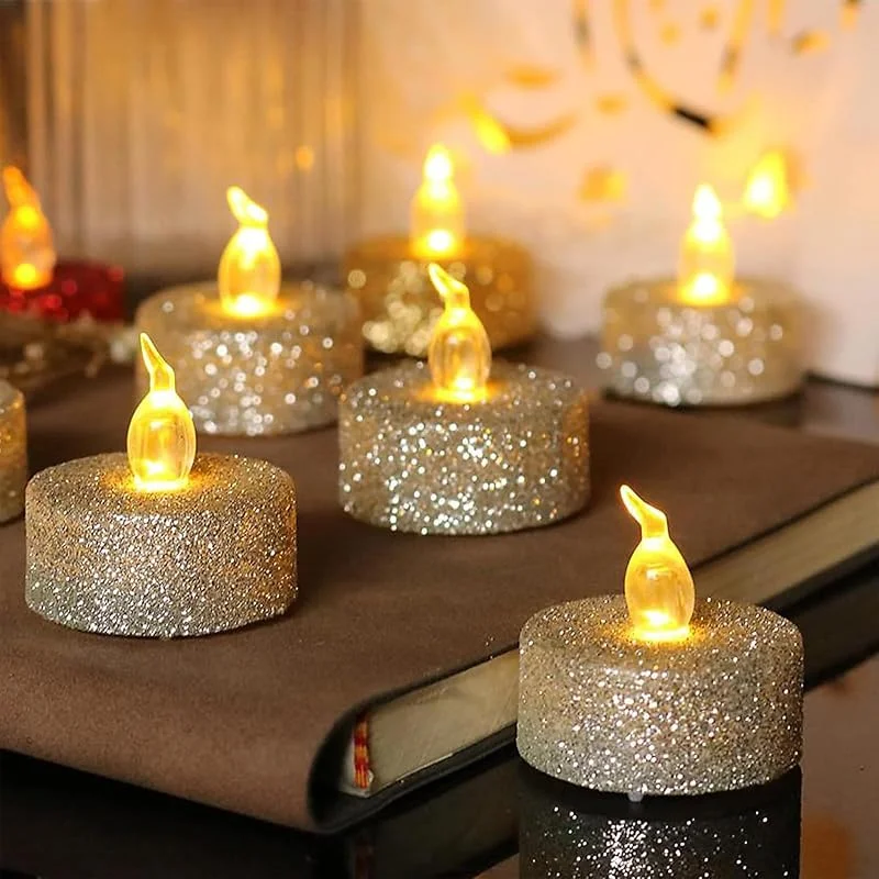 YiYFiT Velas LED plateadas con purpurina, 2 velas de té falsas parpadeantes de color amarillo cálido con pilas, velas de té realistas sin llama para Navidad, Pascua, Halloween, boda, fiesta — Cena a la luz de velas