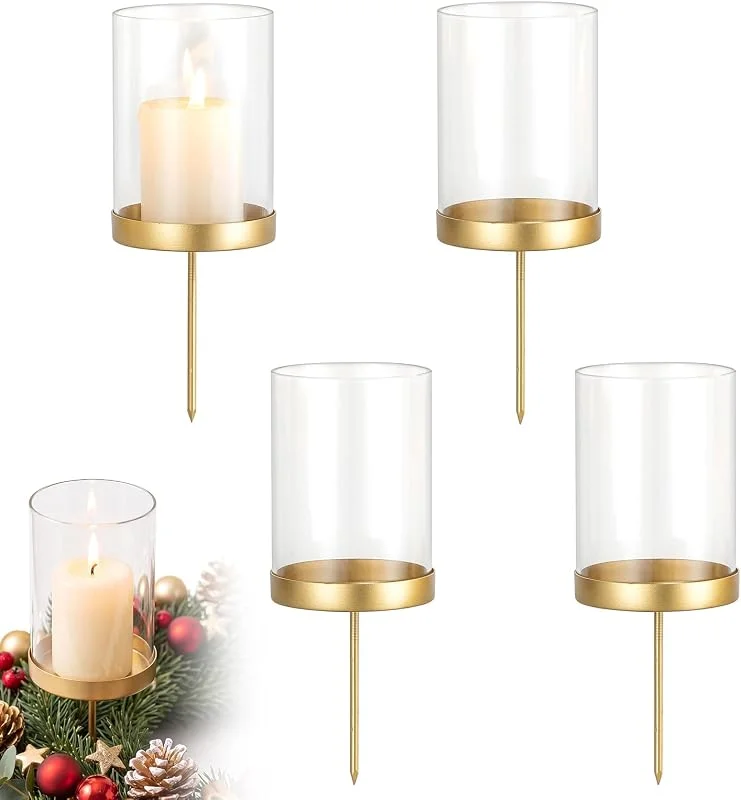 Hewory Corona de Adviento portavelas con cilindro de cristal dorado, juego — Adviento y mesa