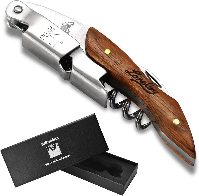 LEONARDINO Cuchillo de camarero Loreley para quitar el corcho de vino, sacacorchos, abrebotellas, cortador de láminas, 3 en 1, acero inoxidable, para sommeliers en gastronomía para camareros y barman — Vino y mesa festiva