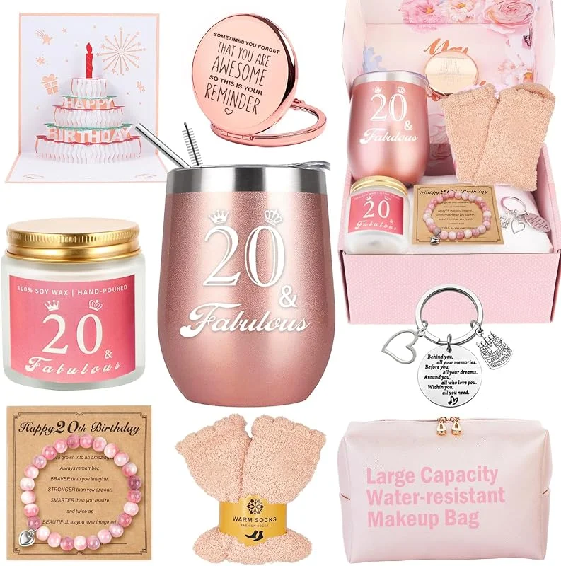 Awfrky Caja de regalo de cumpleaños número 20 para ella: regalos únicos para mujeres, mejores amigas, hermanas, novias y compañeros de trabajo — Vino y mesa festiva