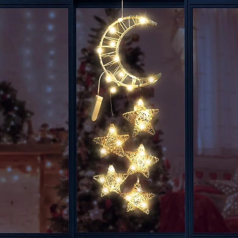 Booaee Guirnalda de luces con estrellas y lunas, decoración navideña, cadena de luces de ratán, luna, estrellas, colgante de Navidad, iluminación de ventana, decoración de ventana, luz LED para Ramadán Eid — Decoracion Navidad