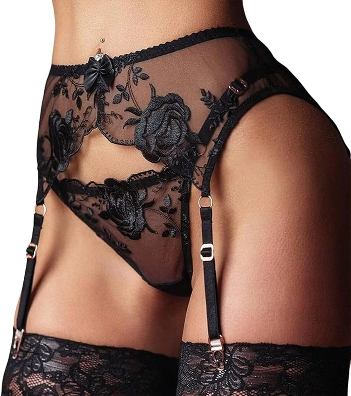 ROSVAJFY Liguero Encaje Sexy Mujer con 4 Clips Ajustables Tanga Medias, Ropa Interior Tirantes Cintura Alta Malla Transparente Ligas, Conjunto Lencería Encaje Floral 2 Piezas para San Valentín — Ropa Navidad