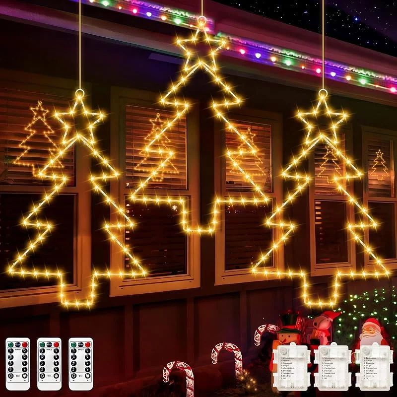 Visita la tienda de GEEKEO 3 Pcs Estrella Arbol de Navidad Cortina Luces, 55LED Luces de Navidad Exterior a Pilas con Temporizador, 8 Modos Luces de Cortina Luz Ventana Decoracion Navideñas para Interior habitacion Balcón Boda — Luces Navidad