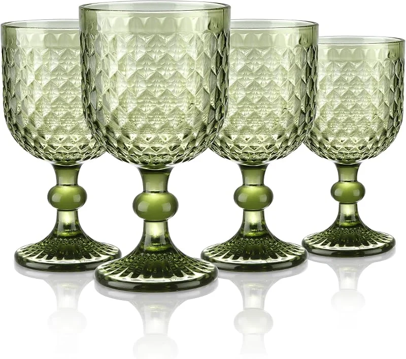 Visita la tienda de Joeyan Joeyan 350ml Set de 4 Copas de Vino Vintage Verde con Relieve — Vino y mesa festiva