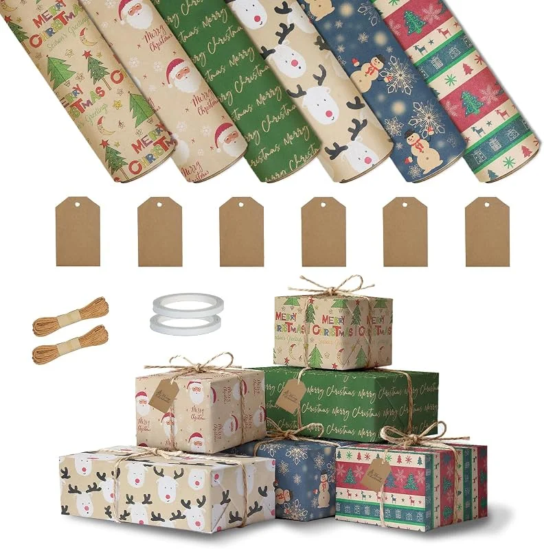Solinorex 6 rollos papel regalo navidad, 43cm x 3m papel de regalo navidad, papel de regalo, rollo papel regalo navidadcon cuerda kraft, cinta adhesiva doble cara y tarjetas, set con papel kraft rollo — Envoltorio regalo