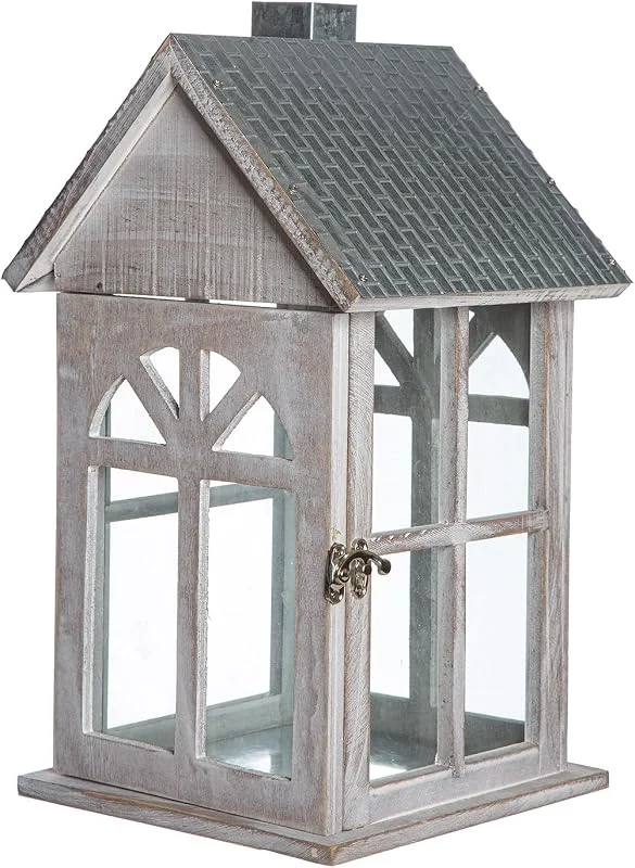 GILDE Branco - Farol de Cristal, Madera y Metal, Forma de casa, Altura 39 cm, Color Plateado y Blanco — Cena a la luz de velas
