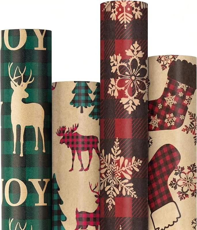 Visita la tienda de RUSPEPA RUSPEPA Papel de Regalo Navideño, Papel Kraft - Diseños de Estilo Cuadros Rojos Y Verdes - Colección de Elementos Navideños - 4 Rollos - 76 cm X 305 cm Por Rollo — Envoltorio regalo