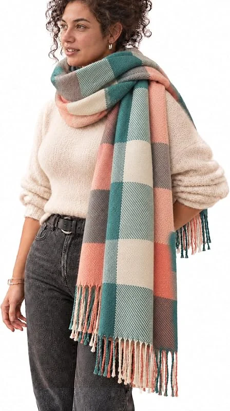 Visita la tienda de Miss Lulu Miss Lulu Bufanda Mujer, Chal Enrejado Mantón Grande para Invierno, Pashmina Larga Bufanda con Patrón Tartán y Borlas — Ropa Navidad