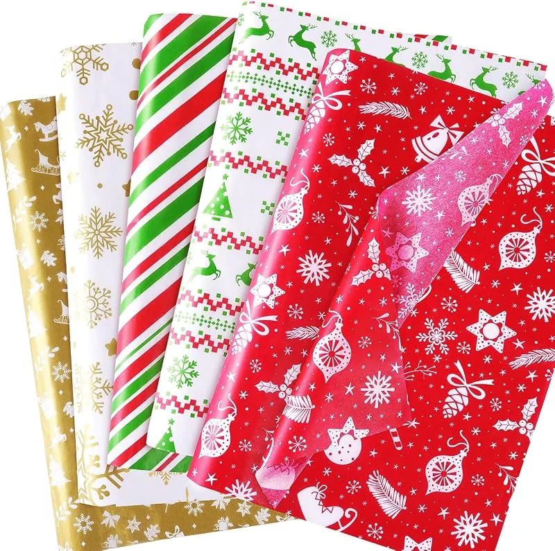 KESTAR 100 hojas de papel de seda de Navidad de 19.7 x 13.8 pulgadas para envoltura de regalo, papel de seda con árbol de Navidad dorado y blanco, diseño de rayas rojas y verdes, papel de seda de Navidad — Envoltorio regalo