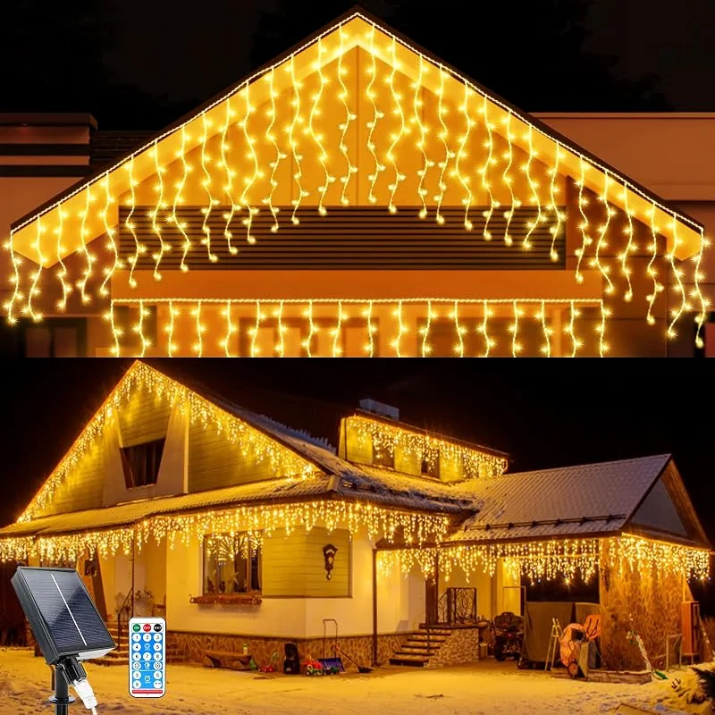WoskjXas Guirnaldas Luces Exterior Solar, 3M Impermeable Luces de Cadena 16 Pcs Cortina de Luz Solares 8 Modos 128 LED Hadas de Cortina con Control Remoto para Vacaciones Patio Jardín Boda — Luces Navidad