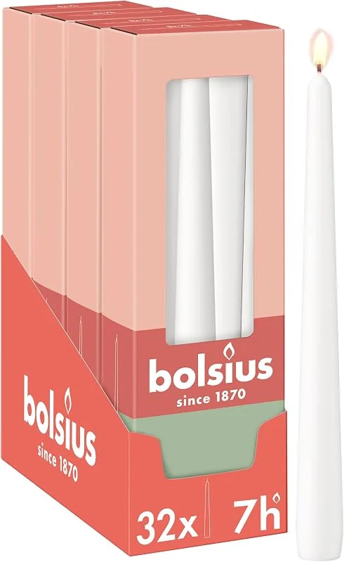 Visita la tienda de Bolsius Bolsius Essentials – Velas lisas de punta - blanca – 24, 5 cm – 32 unidades – Velas decorativas – Sin aceite de palma — Cena a la luz de velas