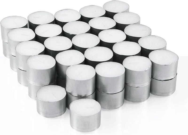 Vivo Technologies Velas de té de 8 horas, sin aroma, velas de té de larga duración, color blanco, velas de cera de algodón de larga duración, velas de té para bodas, fiestas, restaurantes, masajes (paquete de 50) — Cena a la luz de velas