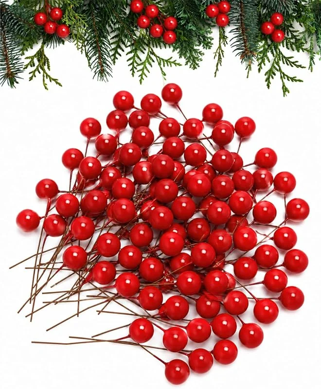 Luxorium 100 Piezas Bayas Rojas de Navidad Mini Bayas de Acebo Artificiales con Alambre Metálico para Marcadores de Lugar, Guirnaldas, Árbol de Navidad, Centros de Mesa y Manualidades de Navidad — Adviento y mesa