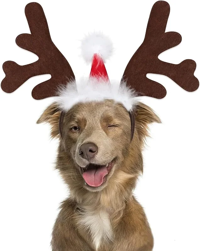 GTYARYUA Gorro Navidad Perro, Diadema De Navidad para Mascotas, Cuernos De Reno Ajustables Marrón Perro Gato Cuernos, para Accesorios de Fiesta Navideña para Mascotas (B) — Ropa Navidad
