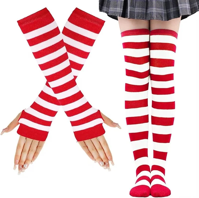 LUKIUP Calcetines Altos a Rayas para Mujer con Guantes Sin Dedos — Ropa Navidad