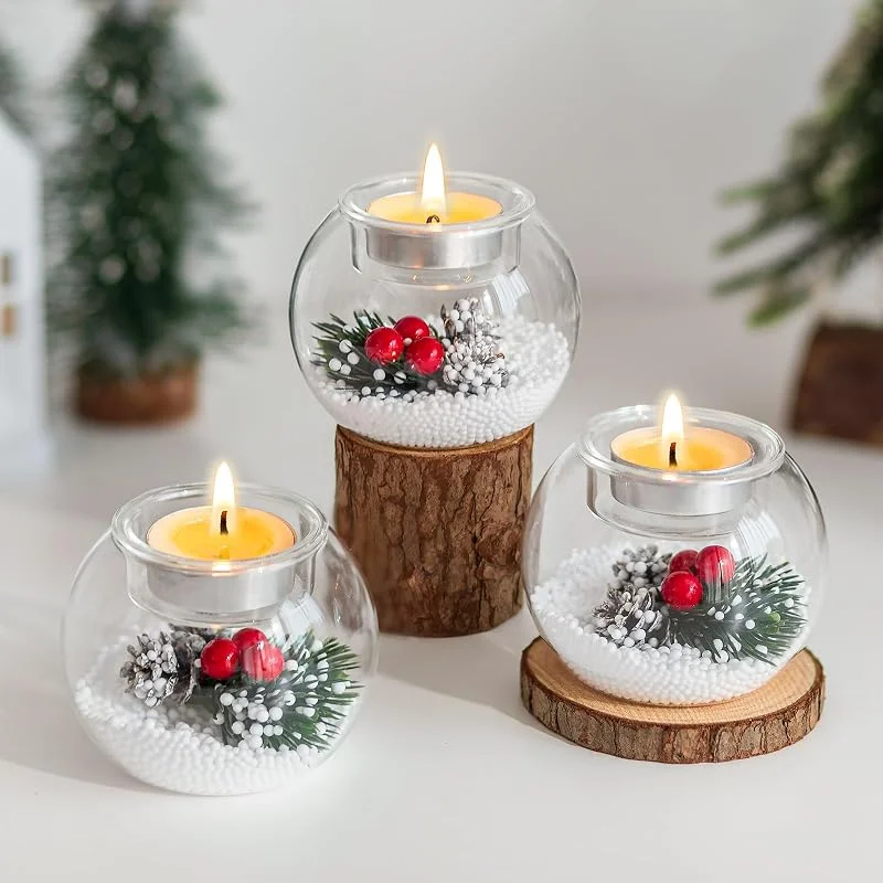 Hewory - Portavelas de Navidad para decoración de mesa: 3 portavelas de Navidad con piñas de bayas rojas, centro de mesa de Navidad para decoración de comedor y fiesta — Decoracion Navidad