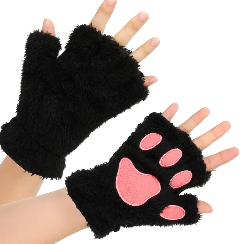 COMNICO Guantes de huellas de gato, suave felpa sin dedos, manoplas para gatos, dibujos animados, animales, gatos, garras, guantes de invierno, Halloween, Navidad, cosplay, accesorios de disfraz — Ropa Navidad