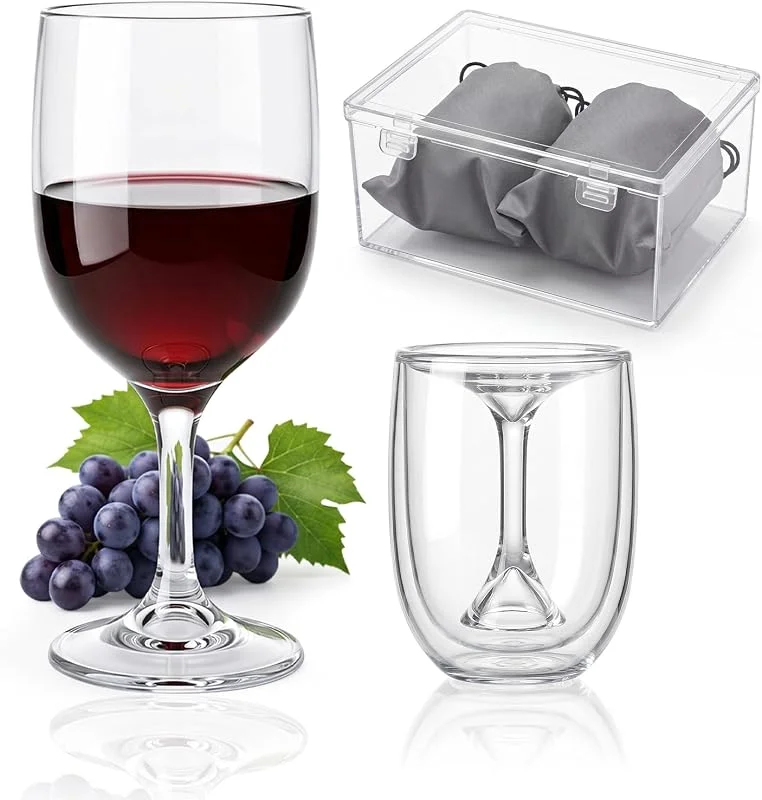 CIYIN Copas de Vino plastico, 2 Piezas Copas de Vino Tinto 200ml, Copa Vino Portatil Reutilizable, con Bolsa y Caja, para Fiestas, Viajes, Camping, Picnics — Vino y mesa festiva