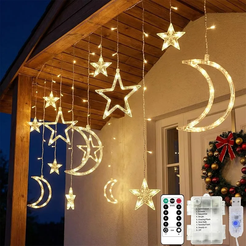 Kimuwote Ramadán Cadena de luces, 3, 5 m, 138 ledes, luna, estrellas, funciona con pilas, USB, con temporizador y mando a distancia, 8 modos, Ramadán, luces decorativas para ventanas de Ramadán, Navidad, boda — Decoracion Navidad