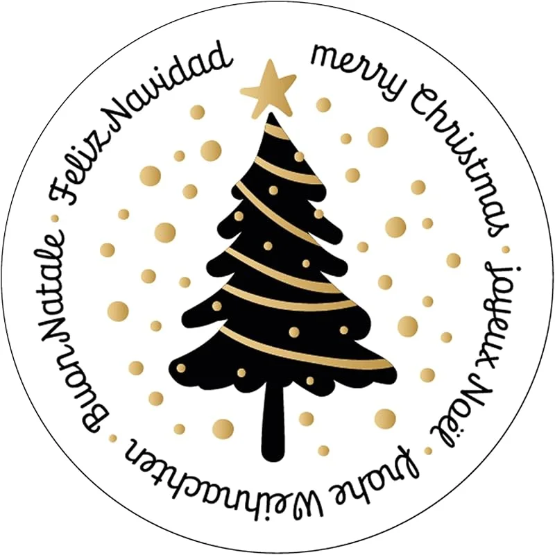 Visita la tienda de Logbuch-Verlag Pegatinas navidad árbol, 200 unidades: etiquetas adhesivas redondas rollo Ø 5 cm, stickers navideños negro dorado con árbol navideño, pegatina regalo con frases Merry Christmas Feliz Navidad — Envoltorio regalo