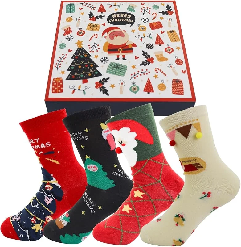 Andiker 4 pares de calcetines navideños para hombre y mujer, coloridos calcetines térmicos con atractivos patrones, calcetines festivos de Navidad con caja de Navidad — Decoracion Navidad