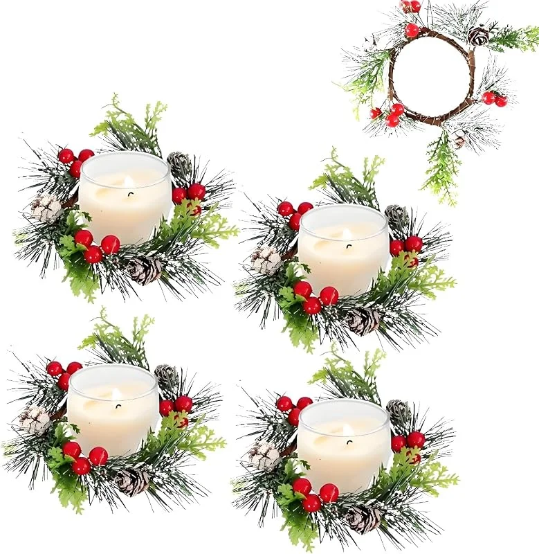 Bestevery 4 Piezas Corona De Adviento De Navidad, Coronas De Anillos Velas Artificiales, Corona De Frutos Rojos Artificiales, con Pino Norfolk sintético, para Decoraciones para Bodas y Navidad (B) — Adviento y mesa