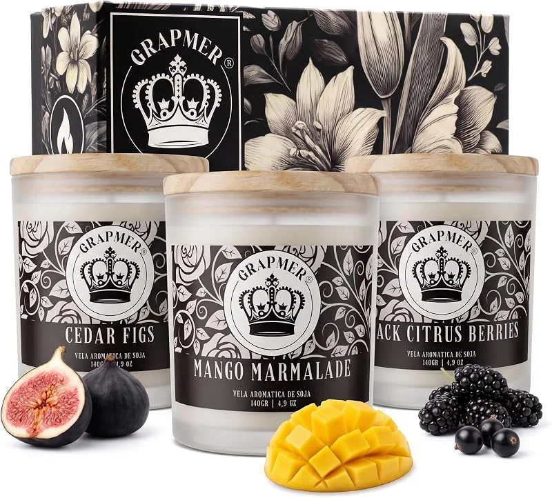 Visita la tienda de GRAPMER Velas Aromáticas Set Regalo 3x140g Cera de Soja Tapa Madera +75h — Adviento y mesa