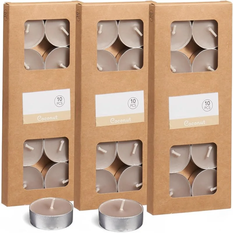 MIJOMA Velas de té de colores (30 unidades, juego de 3 paquetes, 4 horas de combustión, velas decorativas en caja de cartón, luz de ambiente para casa y eventos (arena) — Cena a la luz de velas