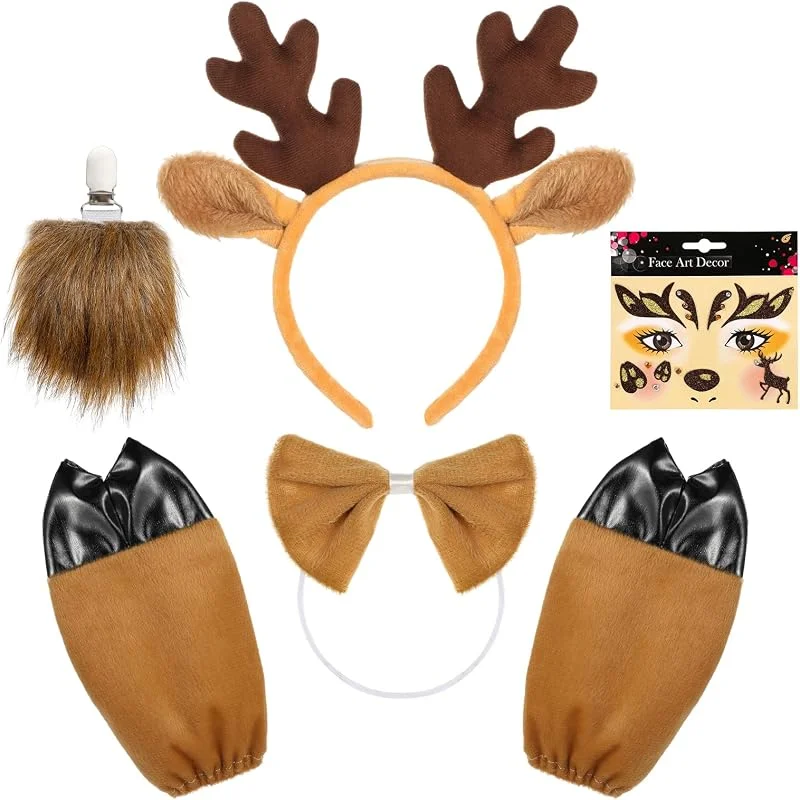 Hifot 5PCS Accesorios de Disfraz Reno, Diadema Reno con Orejas Tatuajes Ciervo Pajarita Guantes de Pata y Cola, Disfraz de Reno Disfraz Animal Adultos Niños para Halloween Carnaval Navidad Fiesta Cosplay — Ropa Navidad