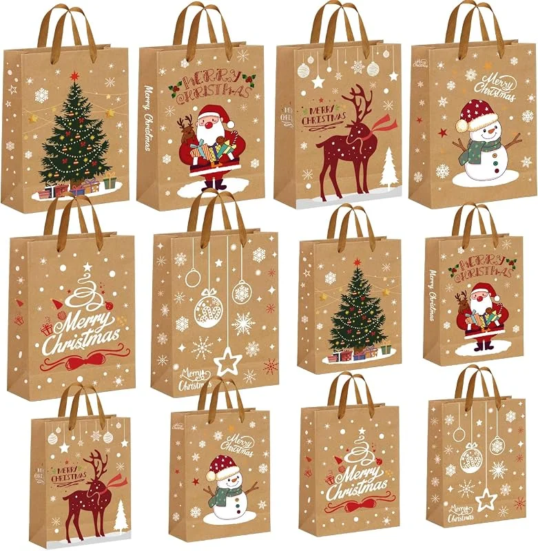 AFXXE 12 Piezas Bolsas Regalo Grandes, Pequeñas Diferentes Tamaños de Papel Kraft con Asas, Reutilizable para Navidad, Sacos Natal Infantil con 6 Diseños(32x25x11.5cm, 27x21x11.5cm) — Envoltorio regalo
