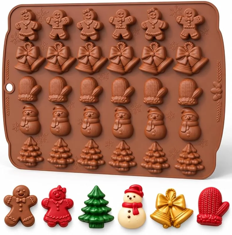 PTaizjjz Molde de silicona de Navidad, 1 paquete de 30 cavidades, molde de chocolate de Navidad, pan de jengibre hombre y niña, árbol, muñeco de nieve, campana y guante molde para chocolate, dulces, gelatina — Hogar y cocina