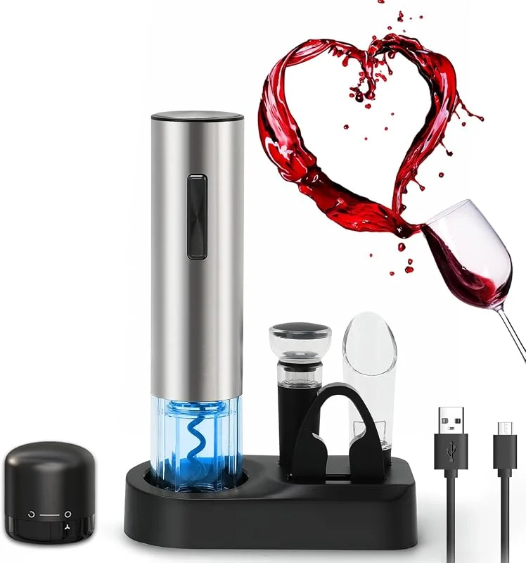 Visita la tienda de ZOYIDOUX ZOYIDOUX Abridor de vino eléctrico recargable 7 en 1 de acero inoxidable Juego de regalo, Sacacorchos eléctrico con base, Cortador, Tapón de vacío de silicona, Tapón para vino, Vertedor, Línea USB — Vino y mesa festiva