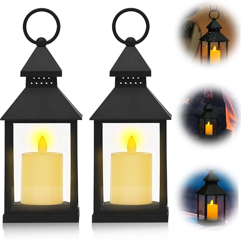 WIYETY Farolillos para exteriores con vela LED: 2 unidades de farolillos de cristal, diseño vintage y efecto de llama, farolillo de jardín para exteriores, portavelas de columna, Halloween, Navidad — Cena a la luz de velas