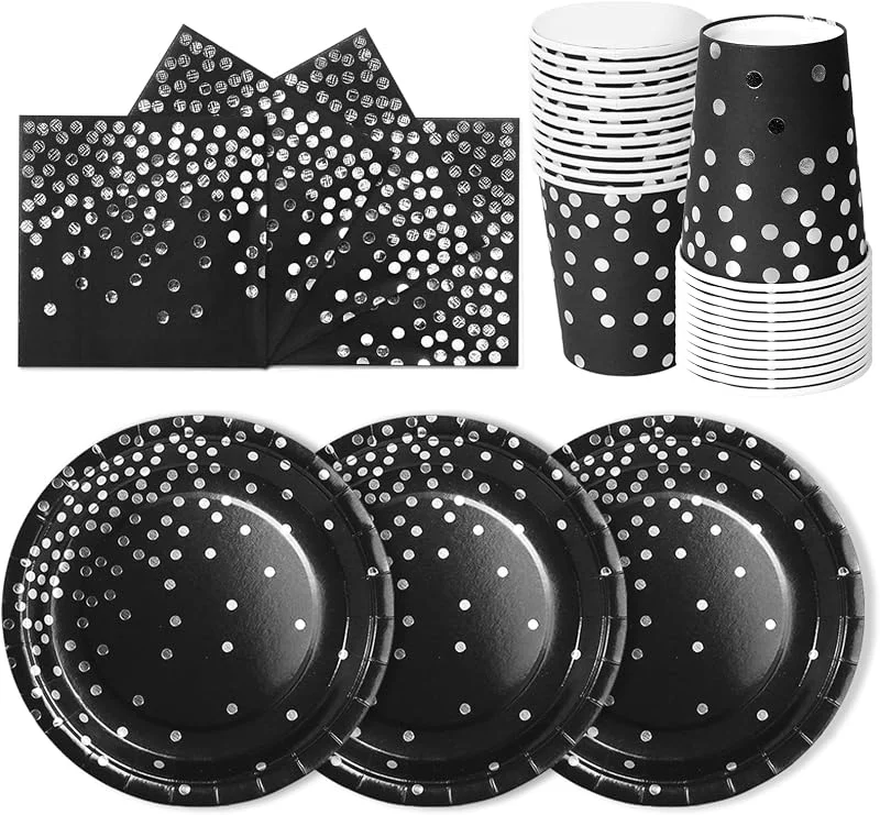 PYAILI 72 Piezas Negro Plata Vajilla Fiesta Cumpleaños — Adviento y mesa