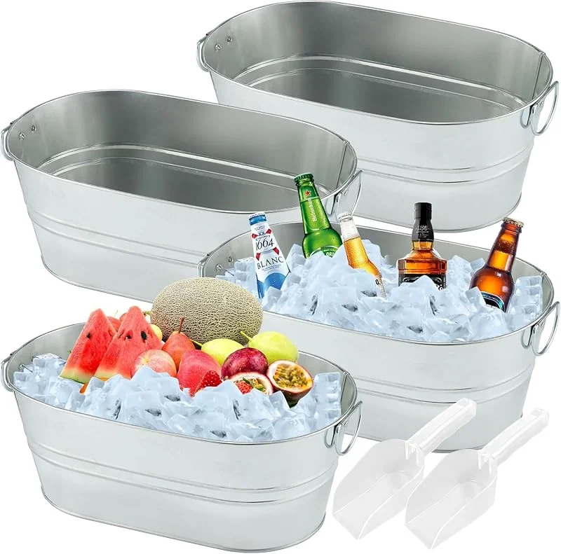 Sibosen Juego de 4 bandejas para bebidas con asa, redondas, de zinc, con palas, para champán, enfriador de botellas, para fiestas en el jardín — Vino y mesa festiva
