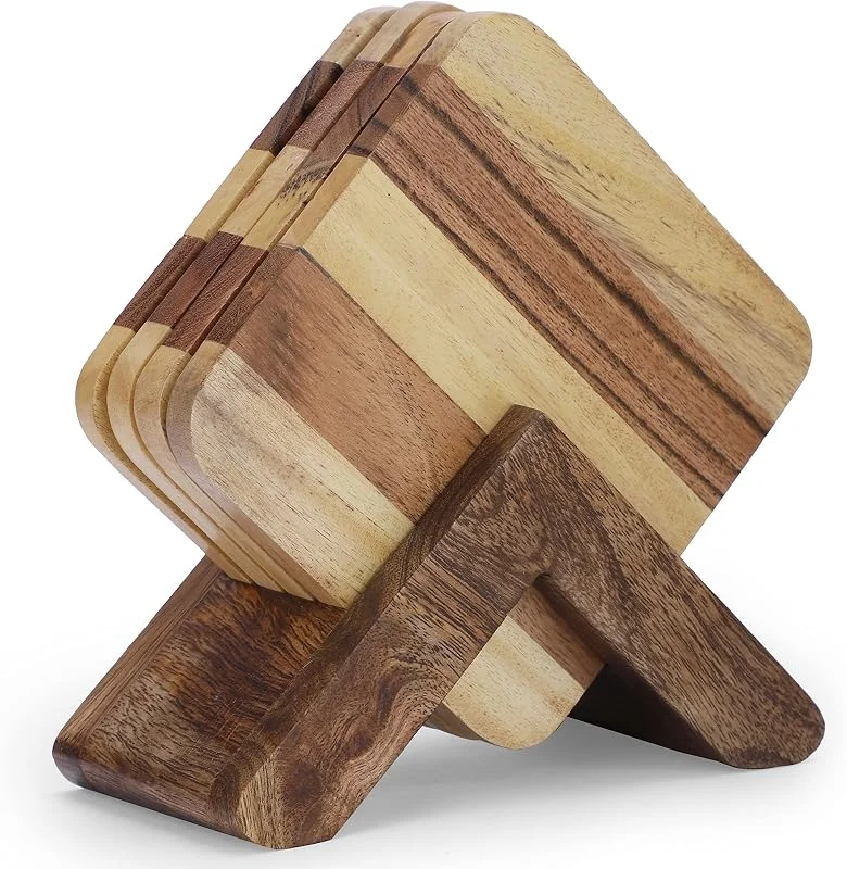 Visita la tienda de Ajuny Ajuny Juego De 4 Posavasos Madera Cuadrado con Soporte para Mesa Protección — Vino y mesa festiva