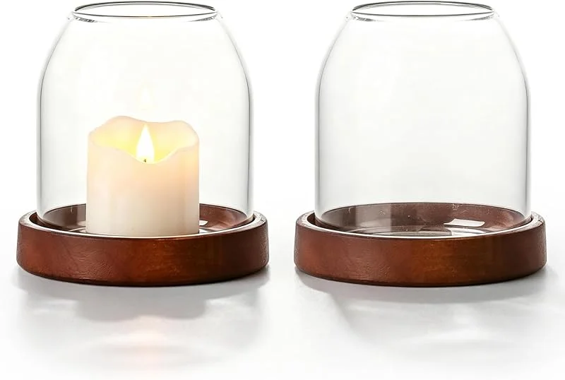 JOSTIVE Juego de 2 portavelas de cristal, portavelas de cristal con posavasos de madera, portavelas transparentes, decoración de mesa para salón, boda, fiesta y decoración interior — Cena a la luz de velas