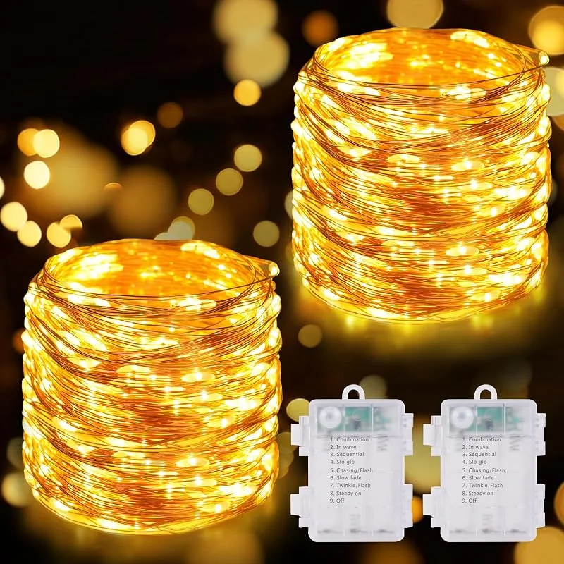 HOTUT Luces Alambre Cobre, 2pcs Guirnalda Luces, 8 Modo Luces LED Pilas Impermeable, 10M 100 LED Cadena Luces, Blanco Cálido Interiores o Exteriores, para Decoración Dormitorios, Jardines, Fiestas, Navidad — Luces Navidad