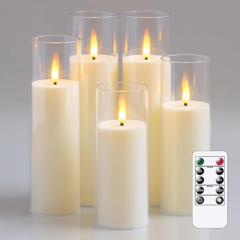 Yeelida Acrílico Velas LED parpadeantes sin llama con mando a distancia y Temporizador, Funcionan con pilas 5, 5cm x 12, 5 15 17, 5 20 20cm Velas de plástico para el hogar (Larga duración, Marfil) — Cena a la luz de velas