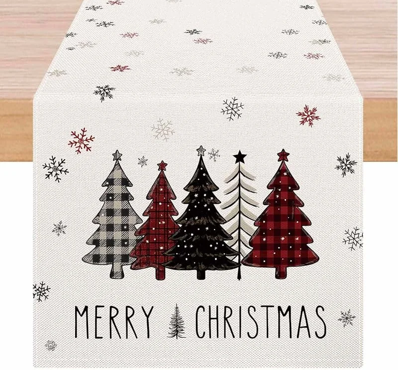 ViaElayu Camino de Mesa Navidad Decoracion Patrón con árboles de Navidad y Copos de Nieve en Rojo Negro y Gris Centros de Mesa Decoracion del Hogar Cocina Navidad 40 x 140 cm — Hogar y cocina