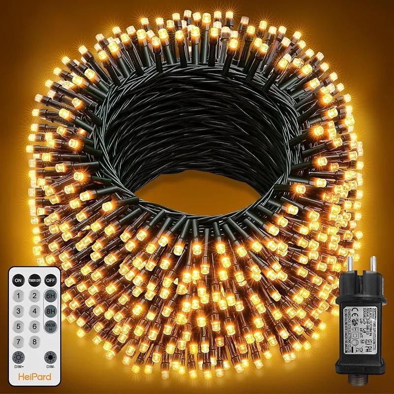 HeiPard Luces de Navidad, 60 m, 600 LED Luces de Arbol de Navidad con 8 modos, función de memoria, mando a distancia, temporizador, regulables para jardín, balcón, casa, fiesta - Blanco cálido — Luces Navidad