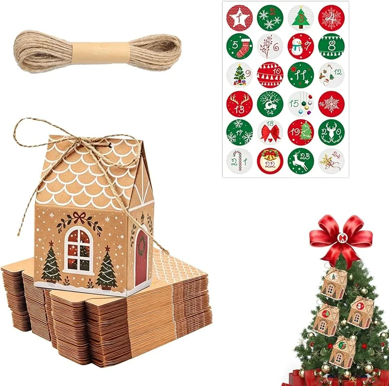 DONFORTLY Calendario de Adviento DIY de Navidad con 24 Cajas Kraft, 24 Pegatinas Numeradas y Cuerda de 10 m, Casitas Rellenables para Dulces, Regalos y Decoración — Adviento y mesa