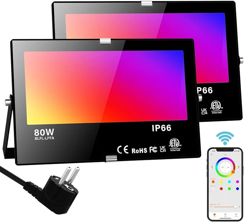 Neliwo Focos Led RGB Exterior, 80W Cambio de Color Foco Led Interior, 16 Millon Colores, Bluetooth Control de APP, 8000LM, 2700K Blanco Cálido, IP66 Impermeable, Temporización, Para Fiesta, Terraza, Jardin(2 Unidades) — Luces Navidad