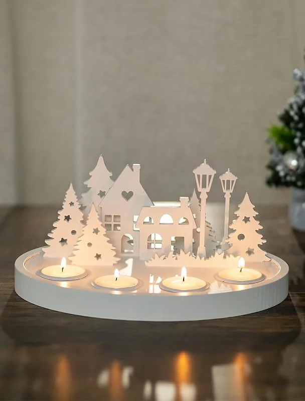 Visita la tienda de Nuptio NUPTIO Corona de Adviento Madera con Velas Modernas: Arreglo Floral de Adviento Decoración Navideña para Mesa Redonda portavelas de Adviento Blanca Pueblo escandinavo, 27 x 20 x 12, 5 cm — Adviento y mesa