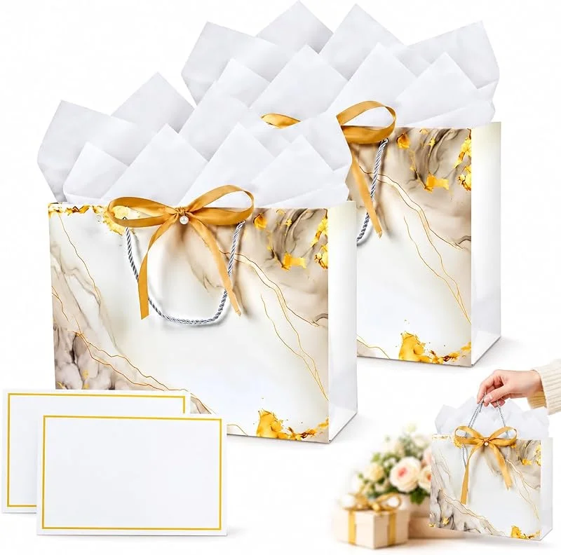 FMPXYYA Bolsas de regalo blancas con brillo metálico, set de 2 unidades + papel de seda y tarjetas.Tamaño 25×20×12 cm, diseño elegante y resistente.Ideal para cumpleaños, bodas, Navidad y ocasiones especiales — Envoltorio regalo
