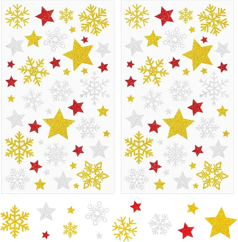 Epokus 344x Pegatinas navideñas con estrellas brillantes, 8 hojas de pegatinas navideñas con copos nieve estrellas doradas, pegatinas navideñas autoadhesivas para tarjetas regalos calendarios de Adviento — Envoltorio regalo