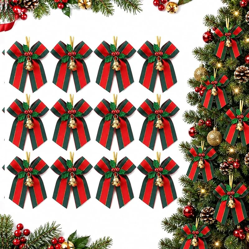 JOVYTH 12 Lazos de Navidad con Campanillas – Lazos de Tela Rayada Roja y Verde, 15x13, 5 cm – Decoración Festiva para Árbol, Corona, Regalos y Ventanas — Envoltorio regalo