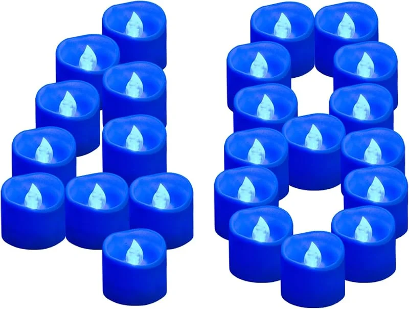 Visita la tienda de Yakpo Paquete de 48 velas de té LED azules sin llama que funcionan con pilas, velas votivas eléctricas parpadeantes azules a granel para bodas, fiestas temáticas azules, vacaciones, Navidad — Cena a la luz de velas