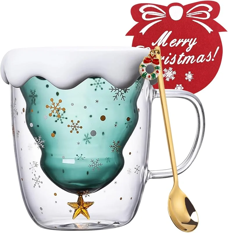 TaimeiMao Set de Taza Árbol de Navidad, Taza de Café Taza de Navidad, Taza de Cristal Doble, Taza de Navidad con Tapa, con Cuchara y Posavasos, 300ml — Adviento y mesa